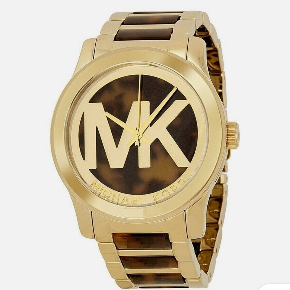 MICHAEL KORS RUNWAY GOLD TONE & TORTOISE BROWN LOGO MK BRACELET WATCH MK5788